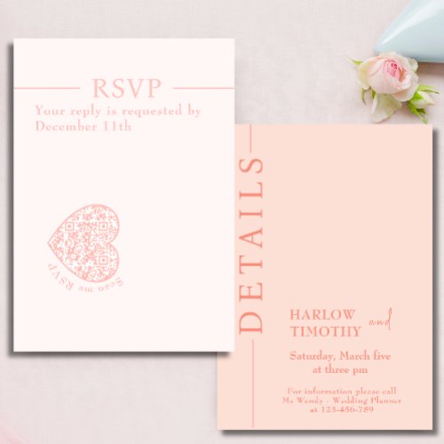 Modern Wedding RSVP Card  Blush Pink heart QR code