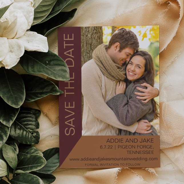 Modern Wedding Save Date Photo Burgundy Rust Invitation (Burgundy and gold wedding Save the Date photo card.)
