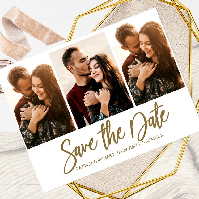 Modern Wedding Save The Date 3 Photo Collage Postcard (Creator Uploaded)