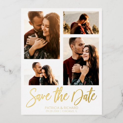 Modern Wedding Save The Date 4 Photo Collage Foil Holiday Postcard