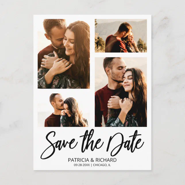 Modern Wedding Save The Date 4 Photo Collage Postcard | Zazzle