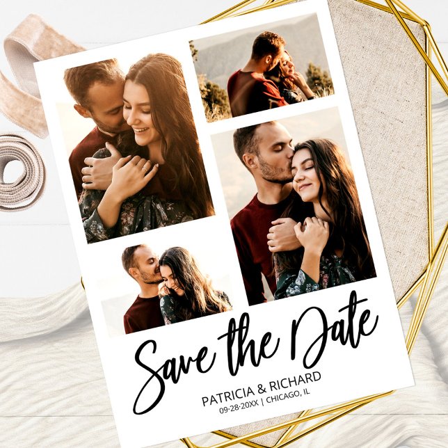 Modern Wedding Save The Date 4 Photo Collage Postcard (Creator Uploaded)