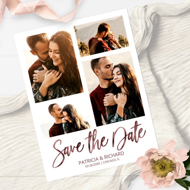 Modern Wedding Save The Date 4 Photo Collage Postcard (Creator Uploaded)