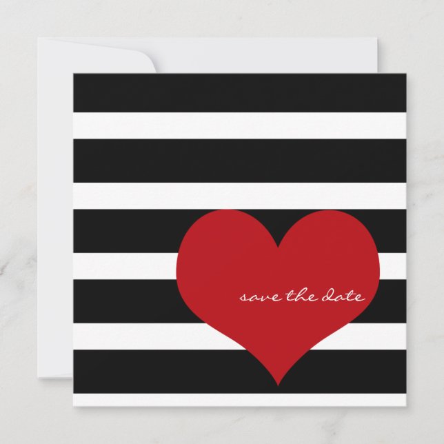Modern Wedding Save the Date Black White Red Heart (Front)
