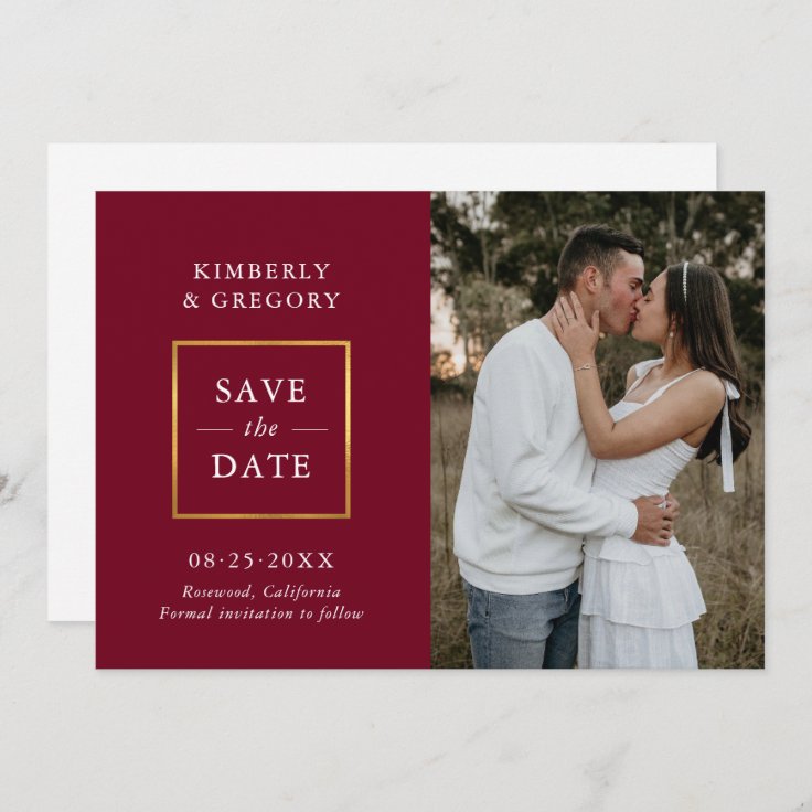 Modern Wedding Save the Date Burgundy Gold | PHOTO | Zazzle