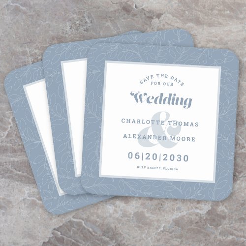 Modern Wedding Save The Date Dusty Blue Pattern Square Paper Coaster