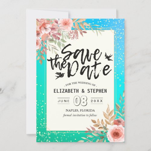 Modern Wedding Save The Date Floral Teal Gold Dots