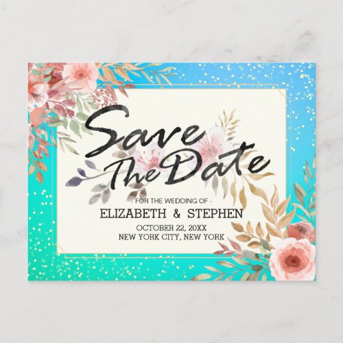 Modern Wedding Save The Date Floral Teal Gold Dots Announcement Postcard