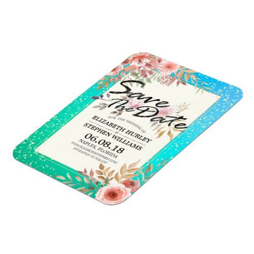 Modern Wedding Save The Date Floral Teal Gold Dots Magnet