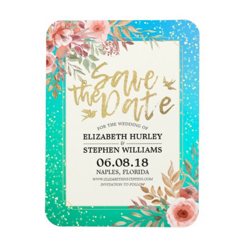 Modern Wedding Save The Date Floral Teal Gold Dots Magnet