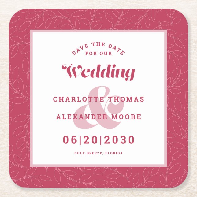 Modern Wedding Save The Date Magenta Leaf Pattern Square Paper Coaster (Front)