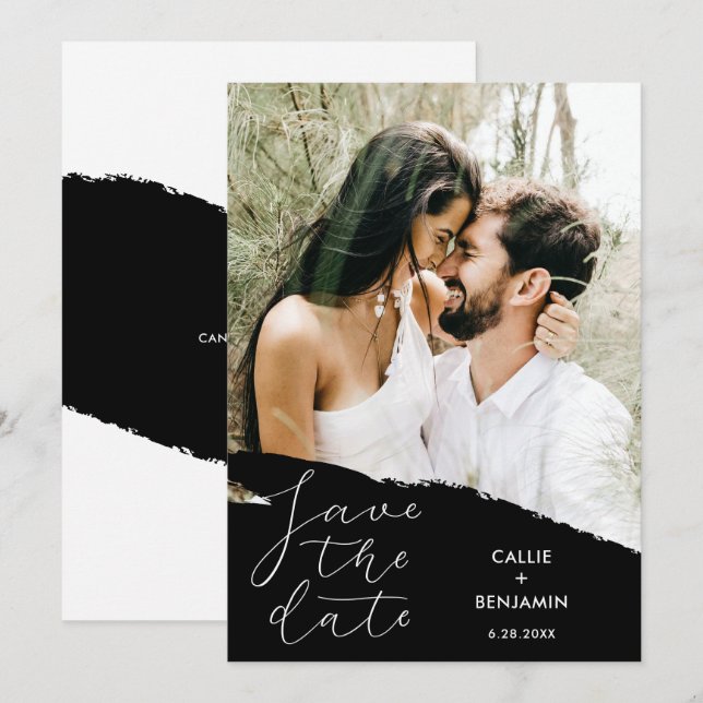 Modern Wedding Save the Date Photo & Brushstroke Invitation (Front/Back)