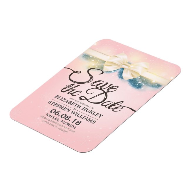 Modern Wedding Save The Date Pink and Gold Ribbon Magnet (Left Side)