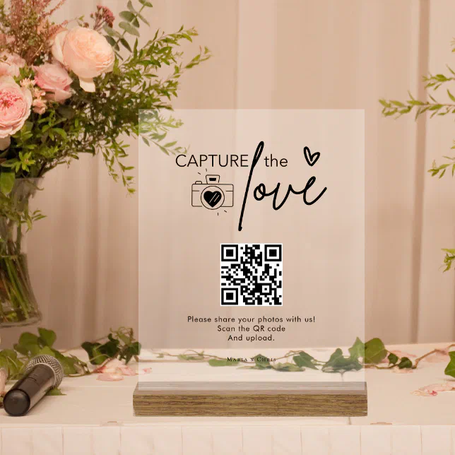 Modern Wedding Script Capture The Love QR code Acrylic Sign

