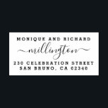 Modern Wedding Script Family Name & Return Address Rubber Stamp<br><div class="desc">Easily personalize these custom Modern Wedding Script Family Name & Return Address rubber stamps with your own names and address. To customize these rubber stamps, click on "Personalize this template" and change the text in the boxes provided. Available with different ink pad colors (not included) in square sizes 1 inch,...</div>