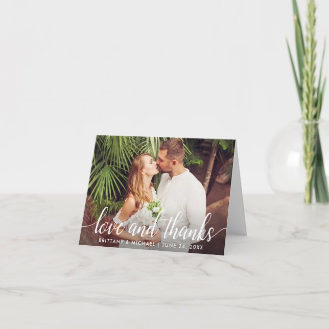 Modern Wedding Script Love and Thanks Photo Note Letterpress Thank You Card (Front)