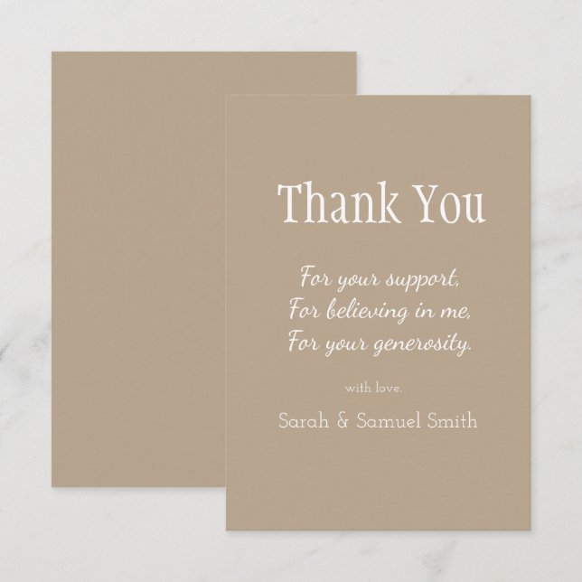 Modern Wedding Script Taupe and White Custom Thank You Card (Front/Back)
