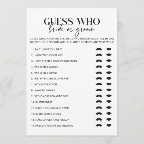 Modern Wedding Shower Bride or Groom Game Cards