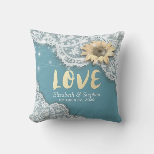 Modern Wedding Shower Lace Sunflower String Lights Throw Pillow