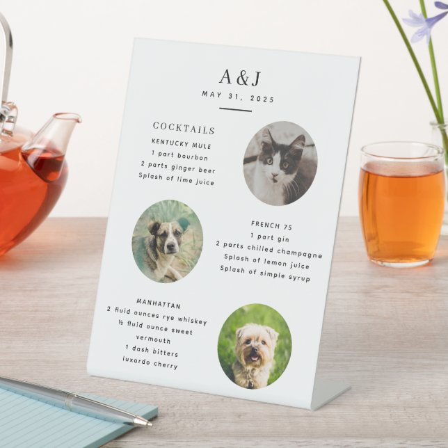Modern Wedding Signature Cocktail Menu with Photos Pedestal Sign (In SItu)