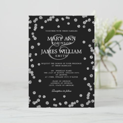 Modern Wedding Silver Glitter Confetti Black Invitation
