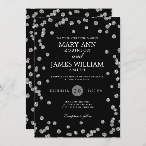 Modern Wedding Silver Glitter Confetti Black Invitation