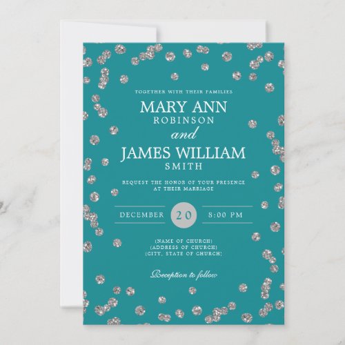 Modern Wedding Silver Glitter Confetti Teal  Invitation