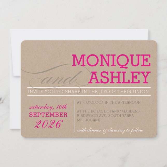 MODERN WEDDING simple bold text pink kraft white Invitation (Front)