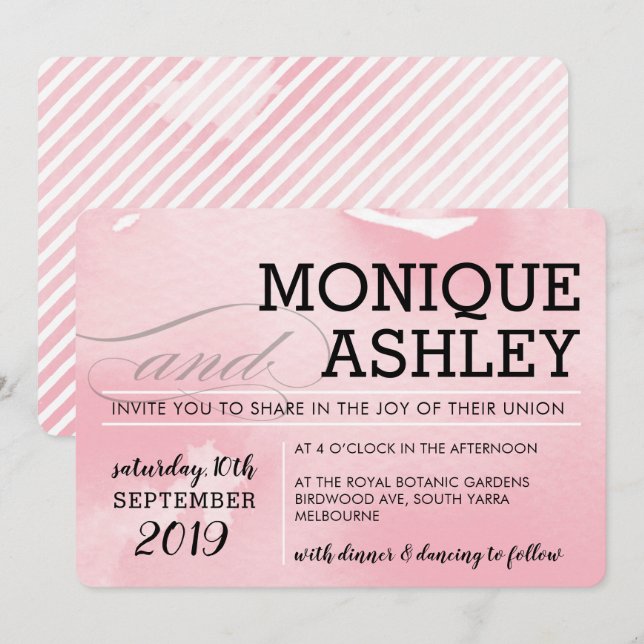 MODERN WEDDING simple minimal pink watercolor Invitation (Front/Back)