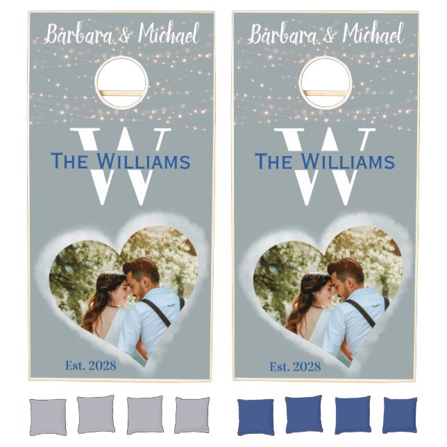 Modern Wedding String Lights Elegant Photo Cornhole Set (Set)