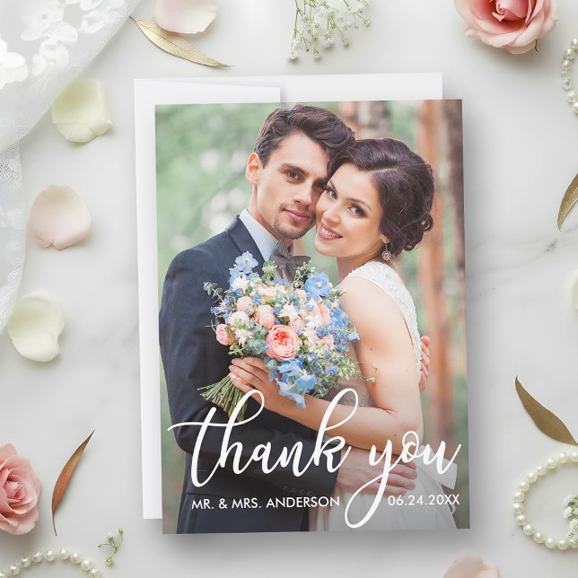 Modern Wedding Thank You Bride Groom Photo Card (Customize to add text or more photos to back of card.)