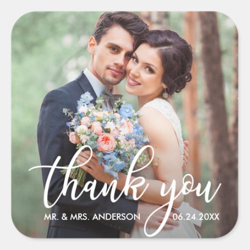 Modern Wedding Thank You Bride Groom Photo Square Sticker