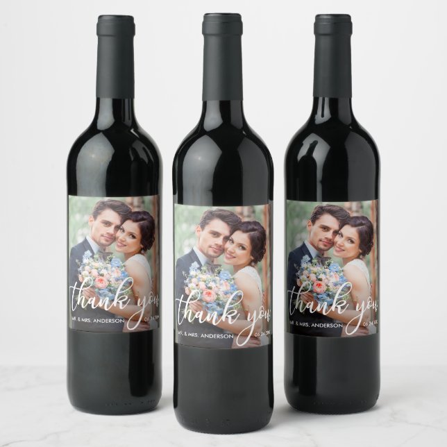 Modern Wedding Thank You Bride Groom Photo Wine Label (Bottles)