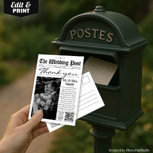 Modern Wedding Thank You Card, Wedding Newspaper Card
