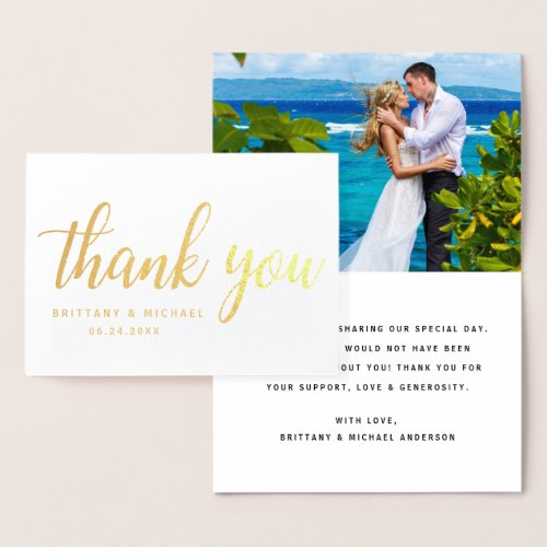 Modern Wedding Thank You Couple Photo BT Gold Foil Card