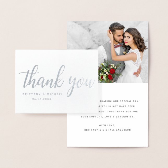 Modern Wedding Thank You Couple Photo Note Silver Foil Card (Display)