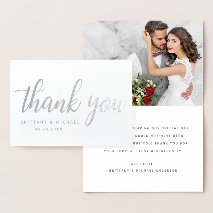 Modern Wedding Thank You Couple Photo Silver Foil Card | Zazzle