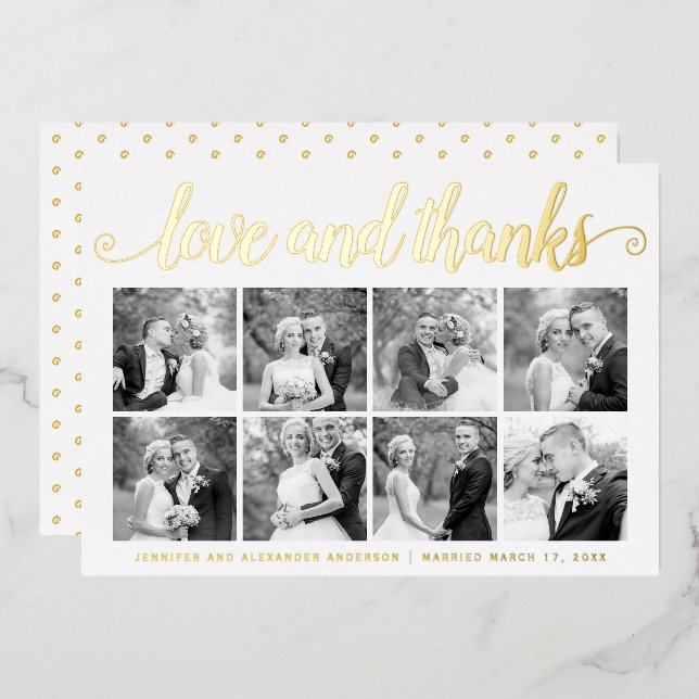 Modern wedding Thank You eight photo collage Foil Holiday Card (Front/Back)