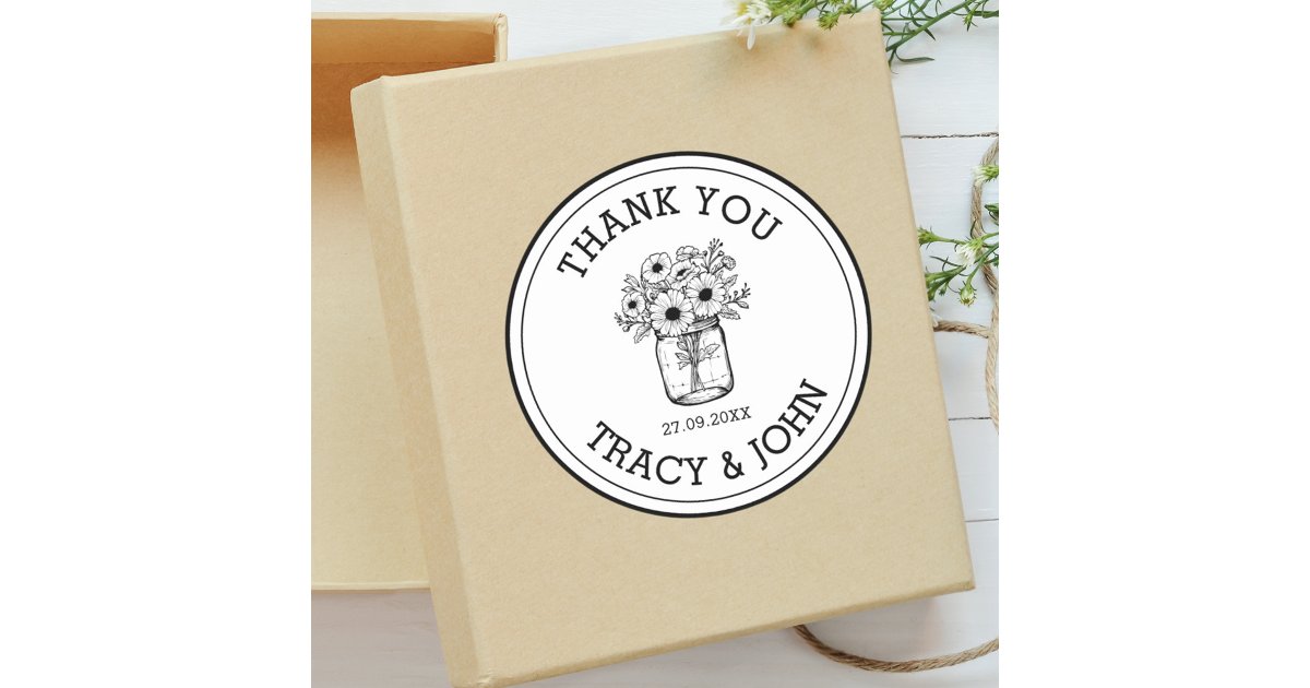 Modern Wedding Thank You Mason Jar Flowers Custom Classic Round Sticker ...