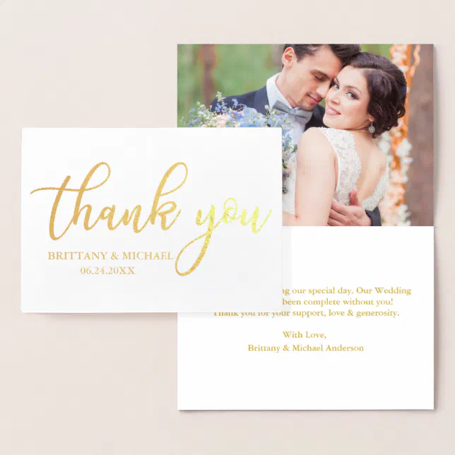 Modern Wedding Thank You Photo Gold Foil Card | Zazzle