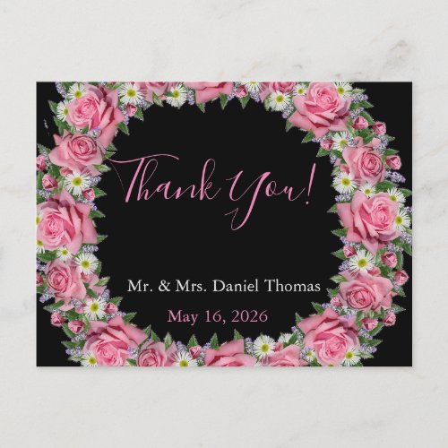 Modern Wedding Thank You _Pink Roses Floral Wreath Postcard