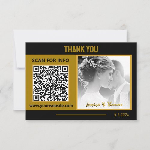 Modern Wedding Thanks QR Code Photo Black Gold Thank You Card