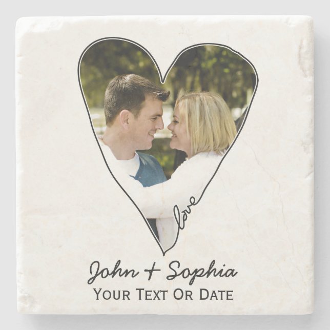 Modern Wedding Valentine Love Heart Custom Photo Stone Coaster (Front)