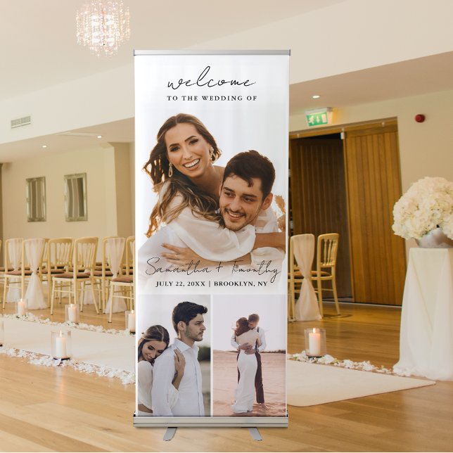 Modern Wedding Welcome Photo | Collage  Retractable Banner (Make a grand entrance and warmly welcome your guests with this elegant wedding retractable banner!)
