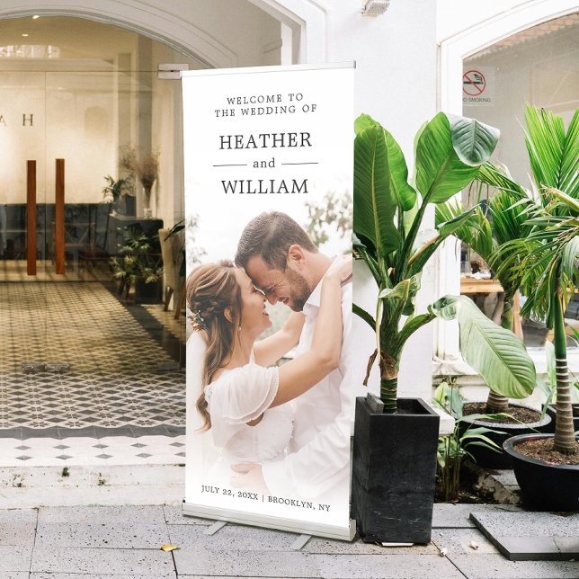 Modern Wedding Welcome Photo Retractable Banner (Make a grand entrance and warmly welcome your guests with this elegant wedding retractable banner!)