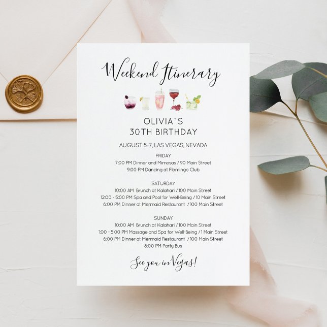 Modern Weekend Birthday Itinerary Invitation (Bachelorette Weekend Itinerary Invitation Card)
