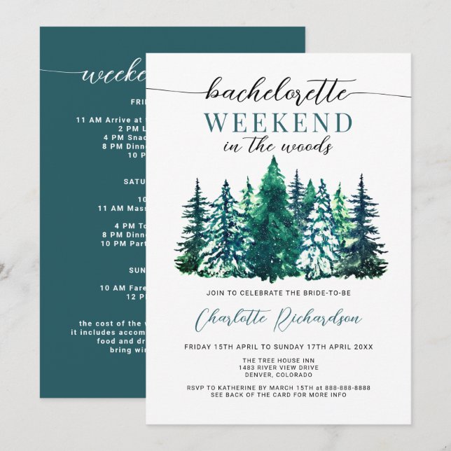 Modern Weekend In The Woods Bachelorette Party Inv Invitation (Front/Back)