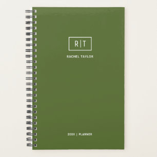 Modern Weekly Monthly Dark Olive Green Monogram Planner