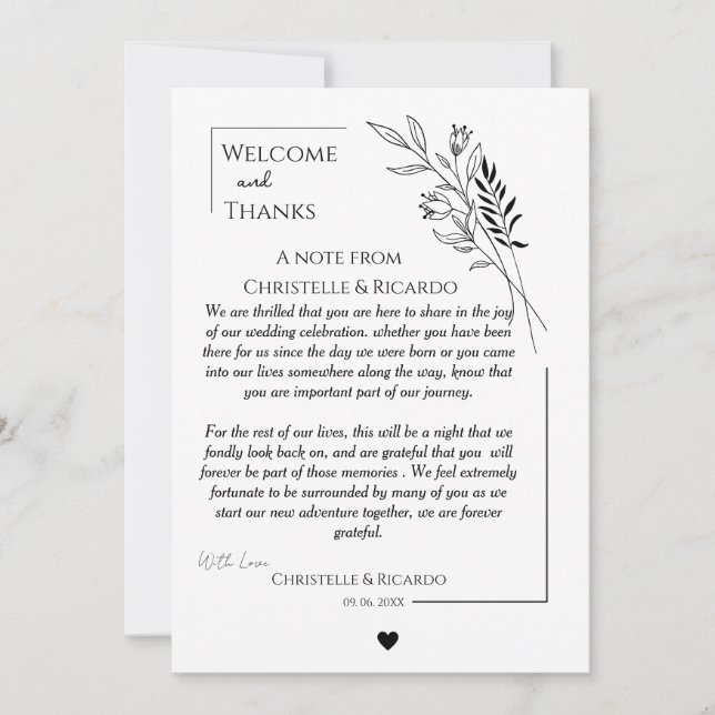 Modern welcome and thank you wedding guest table  (Front)