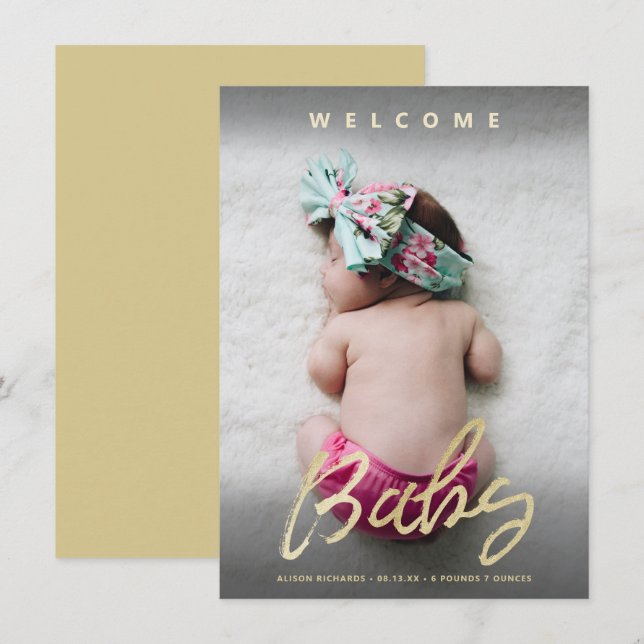 Modern Welcome Baby Gold Script Full Photo Card (Front/Back)